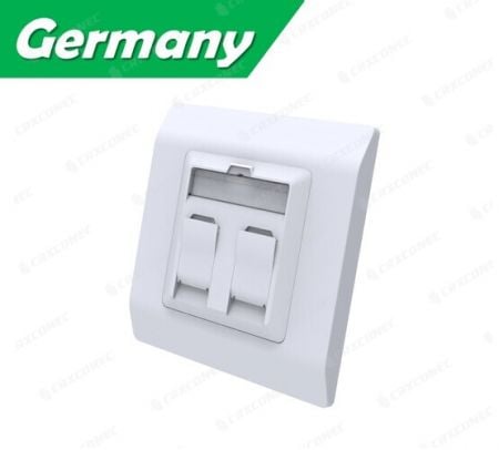 Shuttered German 2 Port Ethernet Wall Plate in White Color - FTP Keystone Ethernet Wall Plate